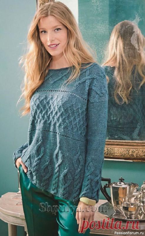 Вязаный пуловер с миксом узоров спицами Пуловер спицами с сочетанием разнообразных «кос» и ромбов из шерсти с шелком.Размер: 38/40Вам потребуется: 400 г синей пряжи Lana Grossa «Lace Seta Mulberry» (35% шелка, 35% шерсти беби альпака, 30% натуральной шерсти; 175 м/50 г); спицы № 3,5; круговые спицы № 3.Узоры для вязания...