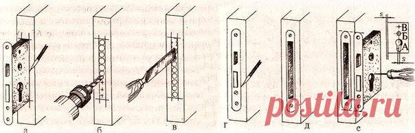 Врезаем замок в межкомнатную дверь

Набор инструментов: ручной фрезер с набором фрез, дрель, шуруповерт, угольник, рулетка, стамеска, молоток, умелые руки.

Инструкция:

1. Полотно двери закрепляем жестко на боку в вертикальном положении.

2. Размечаем место под язычок замка, отмерив от нижней части двери необходимое расстояние (около 1 метра, но оно может быть и другим).

3. Прикладываем к полотну замок так, чтобы разметочная линия находилась по центру отверстия под язычо...
