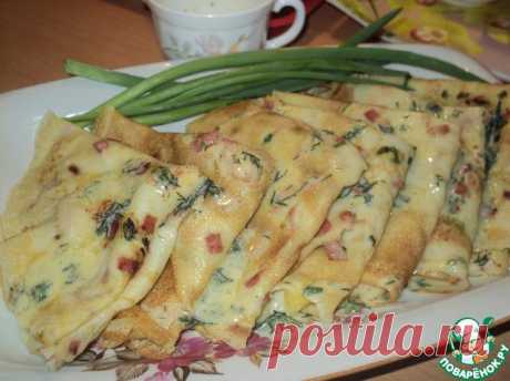 Кукурузные блины с припёком: колбасой, курицей и зелёным луком - кулинарный рецепт
