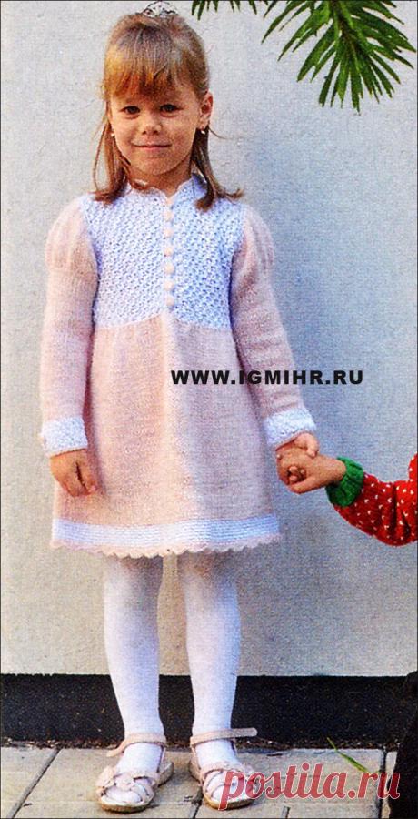 Нарядное платье в розово-белых тонах, для маленькой модницы. Спицы и Крючок