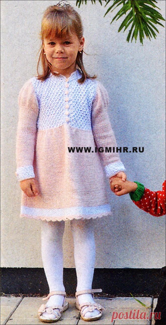 Нарядное платье в розово-белых тонах, для маленькой модницы. Спицы и Крючок