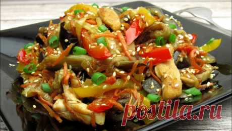 Баклажаны с курицей и овощами ☆ Удачный рецепт Как приготовить теплый салат с курицей и овощами Ингредиенты:300 г баклажаны250 г куриного филе200 г болгарского перца (салат будет красивее, если взять разных цветов)100 г репчатого лука100 г моркови2 зуб. чеснок20 г яблочного уксуса40 г соевого соуса20 г меда20 г зеленого лука5 г обжаренного кунжутарастительное масло для жарки