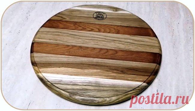 Круглый деревянный поднос из обрезков досок без токарки