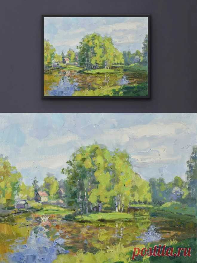 River Painting Landscape Trees Houses Birch Artwork Original Art $310.00 | Buy online with delivery