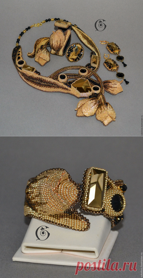 Купить Браслет &quot;L'Amour de l'or&quot; - золотой, черный, браслет, тюльпан, готье, капутт, бисер