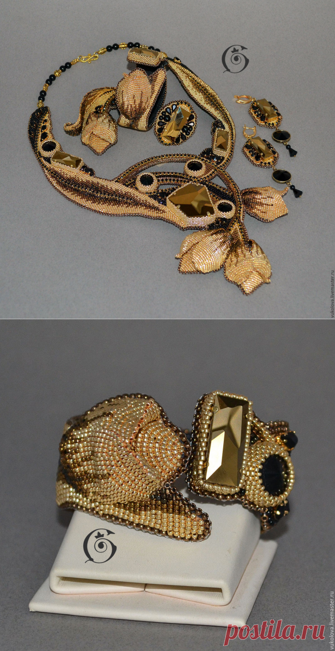 Купить Браслет "L'Amour de l'or" - золотой, черный, браслет, тюльпан, готье, капутт, бисер