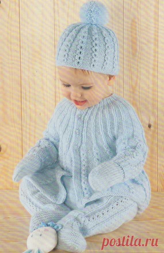 6-12m baby knitting pattern pram set hat coat leggings mittens dk yarn This item is a PDF file of the knitting pattern for these gorgeous knit baby items. A pompom hat, coat, leggings and mittens, in sizes from 6 to 18 months.  The pattern will be available for download upon receipt of payment, for you to print out or read from your computer.  The items are knit in double knitting yarn. You need 3.25 and 4mm needles, and elastic for the leggings.  The pattern looks like ca...