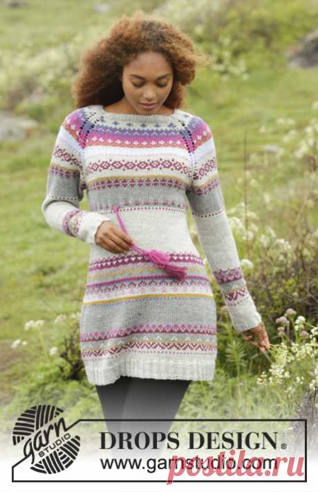 Highland Heather / DROPS 172-5 - Free knitting patterns by DROPS Design Knitted DROPS dress with multi-colored pattern, raglan and twined string with tassels in waist, worked top down in ”Karisma”. Size: S - XXXL.