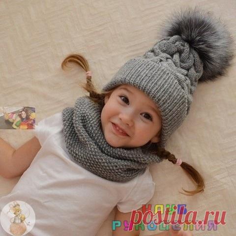 Комплект из шапки и снуда для девочки - Клуб рукоделия Пряжа ализе ланаголд - 2 мотка, спицы 40 см №3. Шапка на размер головы 50-54 см. Набираем 96 петель, вяжем резинкой 1х1 40 рядов (14 см), равномерно прибав