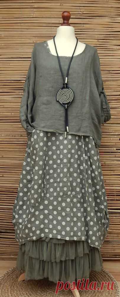 Lagenlook linen amazing lovely 2 pcs dots dress+overtop*khaki*size l-xl-xxl