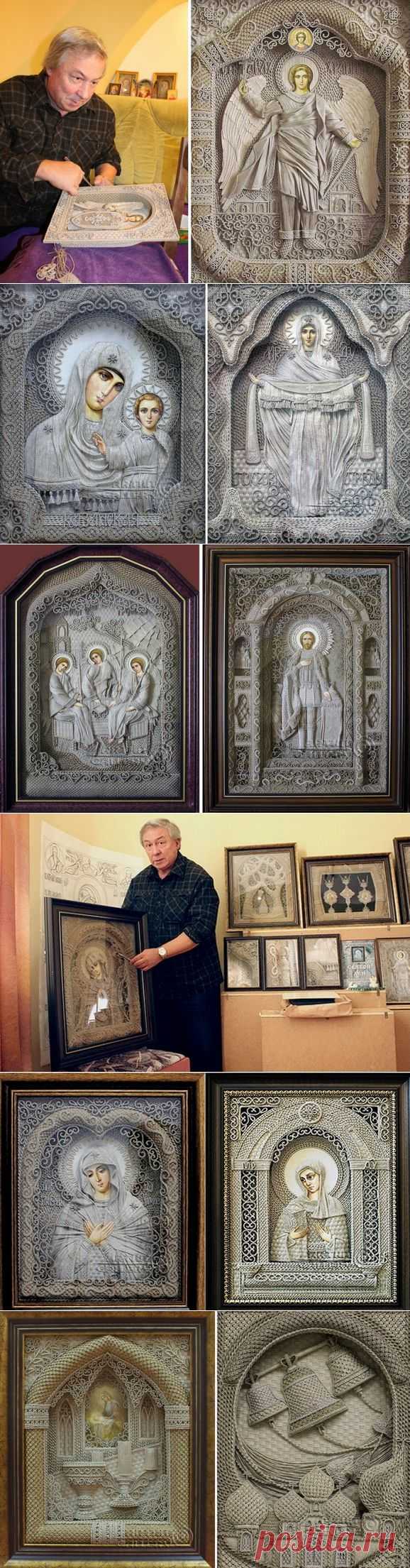 Уникальные иконы создает крымский мастер, актер театра и кино Владимир Денщиков. Во-первых, они объемные и выглядят, как скульптурные миниатюры под стеклом. Во-вторых, Владимир Денщиков плетет их из тонкой льняной нити, - каждая такая икона создается в технике макраме, из миллионов крошечных узелков. Только лики и ладони святых прописаны красками на холсте, - тогда техника называется макраме-коллажем.