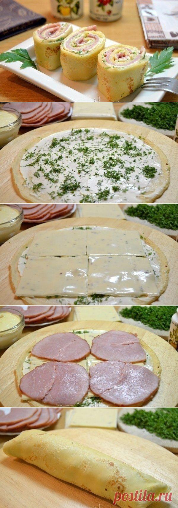 Как приготовить блинные рулетики с начинкой из ветчины и сыра. - рецепт, ингридиенты и фотографии