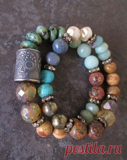 Sugar Skull Stretch TWO BRACELET SET Skull Trio by slashKnots, - Diy & Crafts