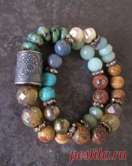 Sugar Skull Stretch TWO BRACELET SET Skull Trio by slashKnots, - Diy & Crafts