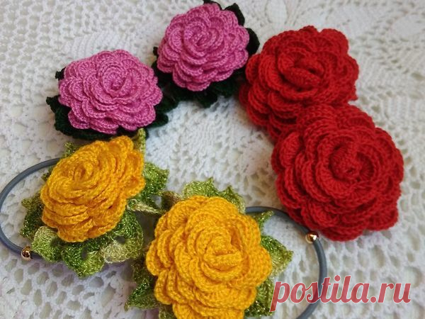 Вяжем крючком украшения-резиночки для волос в виде розы | Журнал Ярмарки Мастеров