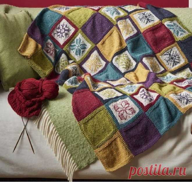 Уютный плед из квадратов спицами — HandMade
