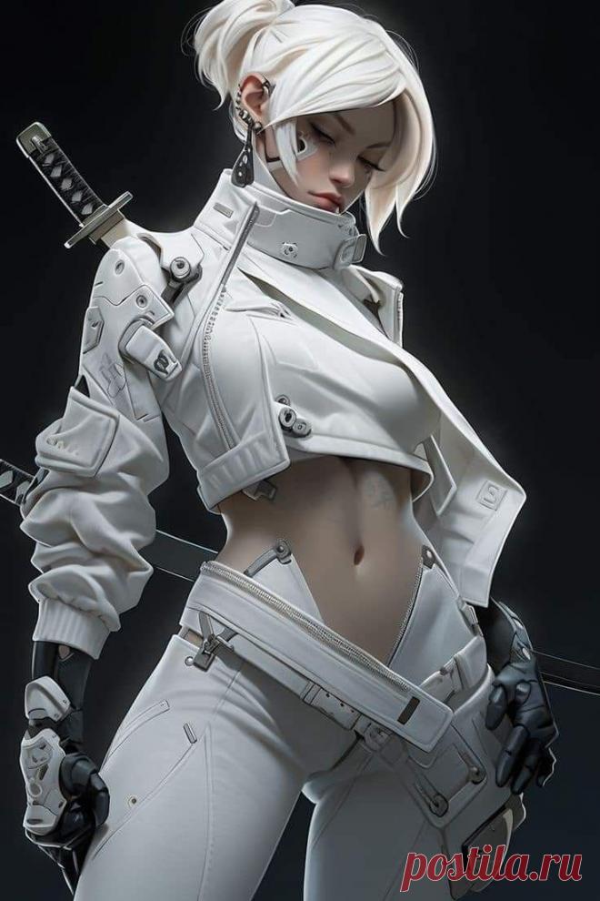 Киберпанк. Кибер - девушка. Белая одежда. Катана.