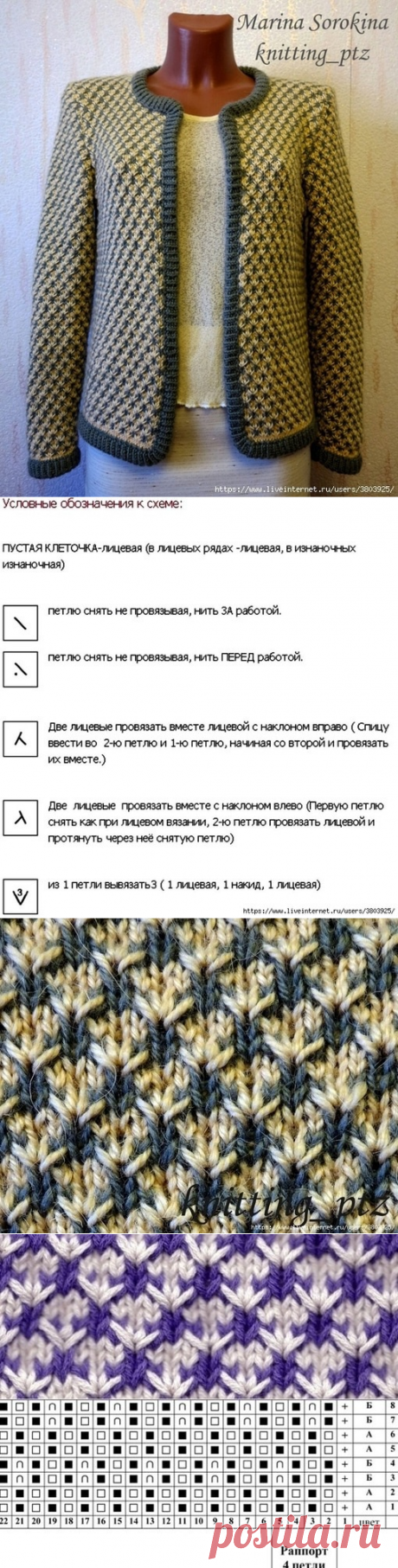 Красивый двухцветный узор для кардигана спицами