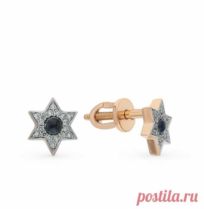 Золотые серьги с бриллиантами и сапфирами: розовое и красное золото 585 пробы, сапфир, бриллиант — купить в интернет-магазине SUNLIGHT, фото, артикул 58459