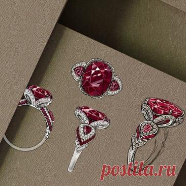 Кольцо. Эскиз. Женское кольцо. Гранат. Бесцветные бриллианты. Белое золото.