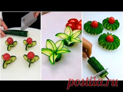 Как нарезать огурцы и помидоры для украшения. Украшение салата.