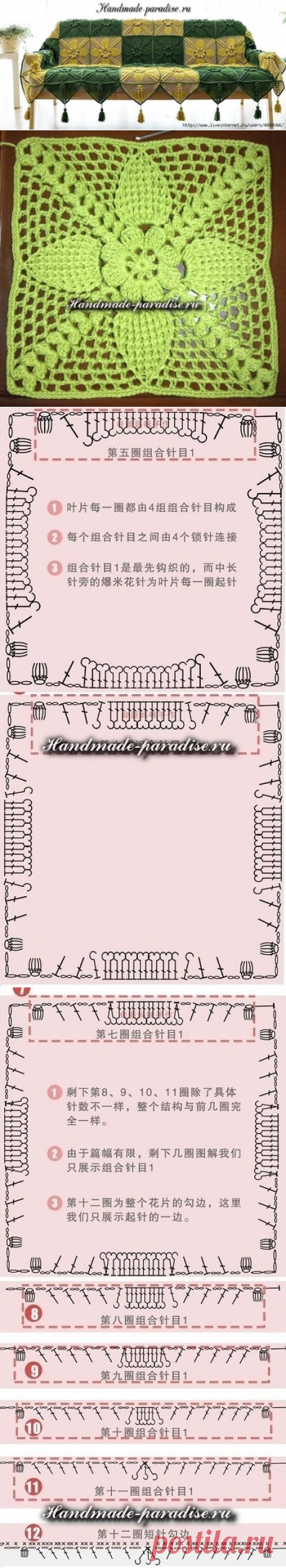 Накидка для дивана квадратными мотивами крючком