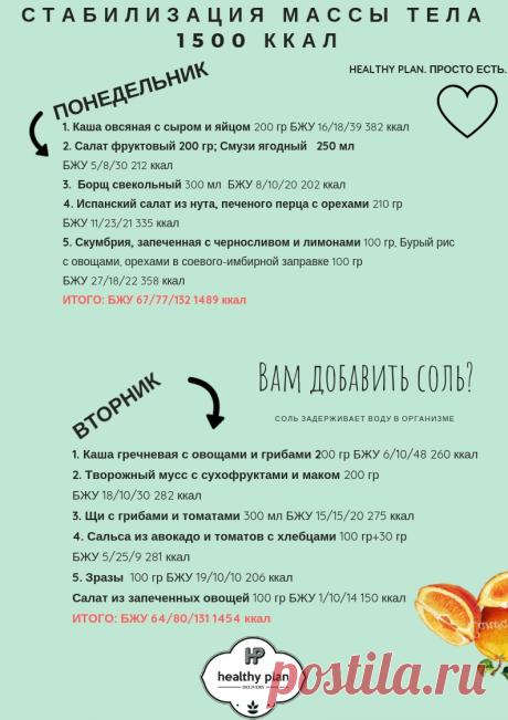 Стабилизация массы тела — 1500 ккал — HealthyPlan