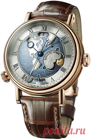 Breguet Classique Hora Mundi Automatic Silver Dial Men's Watch 5717BR/US/9ZU
Циферблат изготовлен из 18-каратного золота с изображением одного из континентов (американского, европейского или азиатского), ручная гравировка в виде волн. Оснащены функцией мгновенного перевода часового пояса, синхронизированного с датой (в апертуре на 12 часах), городом (в апертуре на 6 часах) и указателем 
