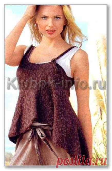 Вязание спицами. Описание женской модели со схемой и выкройкой. Меланжевый асимметричный топ на тонких лямках. Размеры: S/M