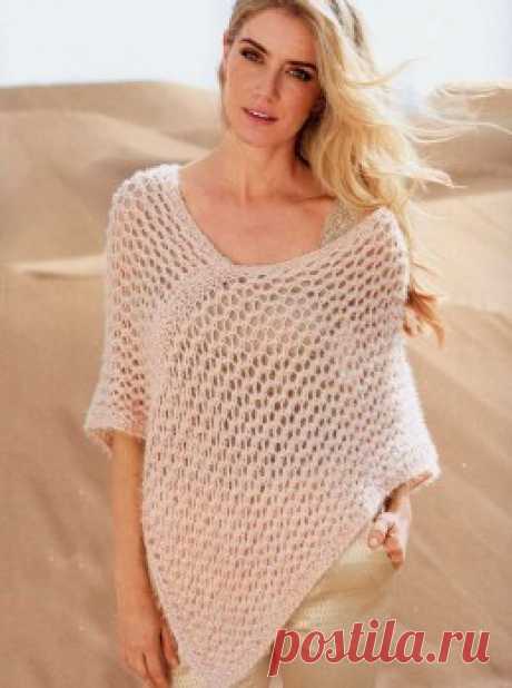 Вязание крючком и спицами - Пончо сетчатым узором и с планкой платочной вязкой