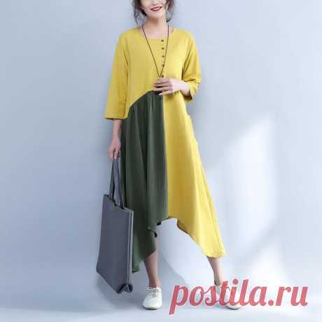 Irregular Round Neck Three Quarter Sleeve Yellow And Green Dress - BUYKUD