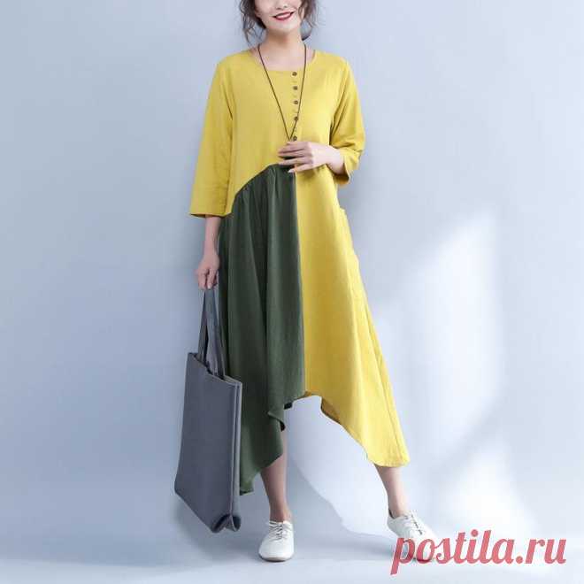 Irregular Round Neck Three Quarter Sleeve Yellow And Green Dress - BUYKUD