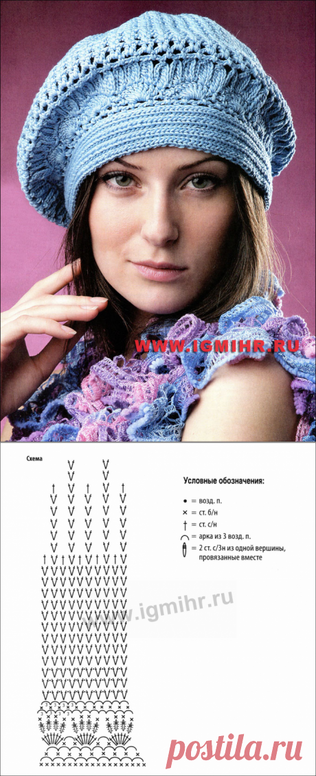 Модный берет голубого цвета. Крючок и Спицы