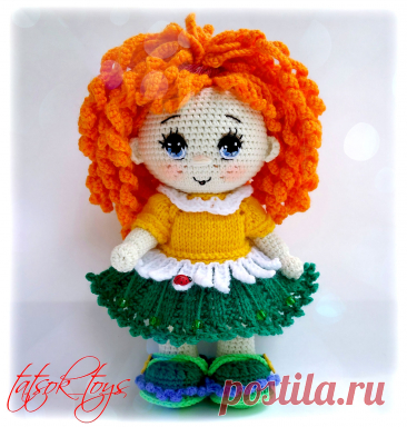 PDF Кукла Июлечка крючком. FREE crochet pattern; Аmigurumi toy patterns. Амигуруми схемы и описания на русском. Вязаные игрушки и поделки своими руками #amimore - летняя кукла в платье из обычной пряжи, куколка девочки в ярком наряде.