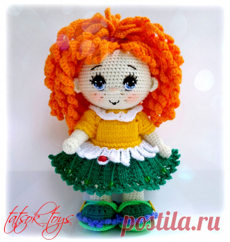 PDF Кукла Июлечка крючком. FREE crochet pattern; Аmigurumi toy patterns. Амигуруми схемы и описания на русском. Вязаные игрушки и поделки своими руками #amimore - летняя кукла в платье из обычной пряжи, куколка девочки в ярком наряде.