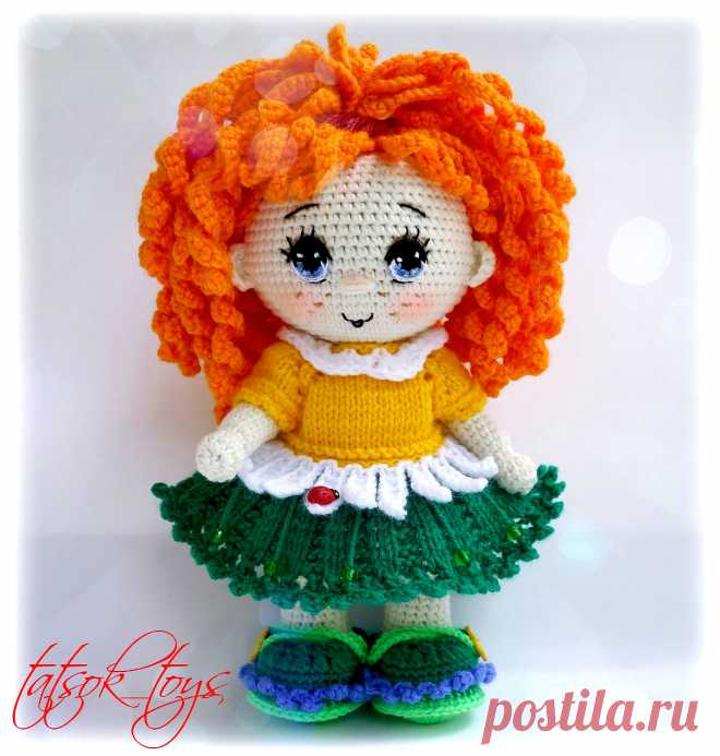 PDF Кукла Июлечка крючком. FREE crochet pattern; Аmigurumi toy patterns. Амигуруми схемы и описания на русском. Вязаные игрушки и поделки своими руками #amimore - летняя кукла в платье из обычной пряжи, куколка девочки в ярком наряде.