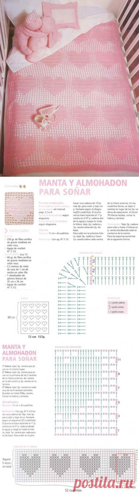 Покрывало крючком с сердечками..