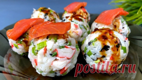 Закуска из крабовых палочек и риса Ингредиенты: Рис - 150 гр. Рисовый уксус - 2 ст.л. Кунжут - 2 ч.л. Крабовые палочки - 200 гр. Зеленый лук. Чипсы нори - 5 гр. Майонез - 1 ст.л. Соус Терияки - 50 мл. Малосольная красная рыба...