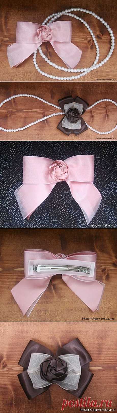 Эффектный бантик с розочкой из атласной ленты. Фото мастер-класс. 
Рубрики:  	РУКОДЕЛИЕ своими руками/Аксессуары и украшения своими руками
РУКОДЕЛИЕ своими руками/цветы из лент, цветы из ткани
МАСТЕР-КЛАСС / Tutorial