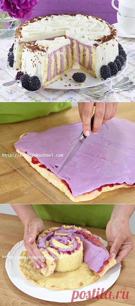 Торт полосатый с ежевикой и взбитыми сливками | Легкие рецепты