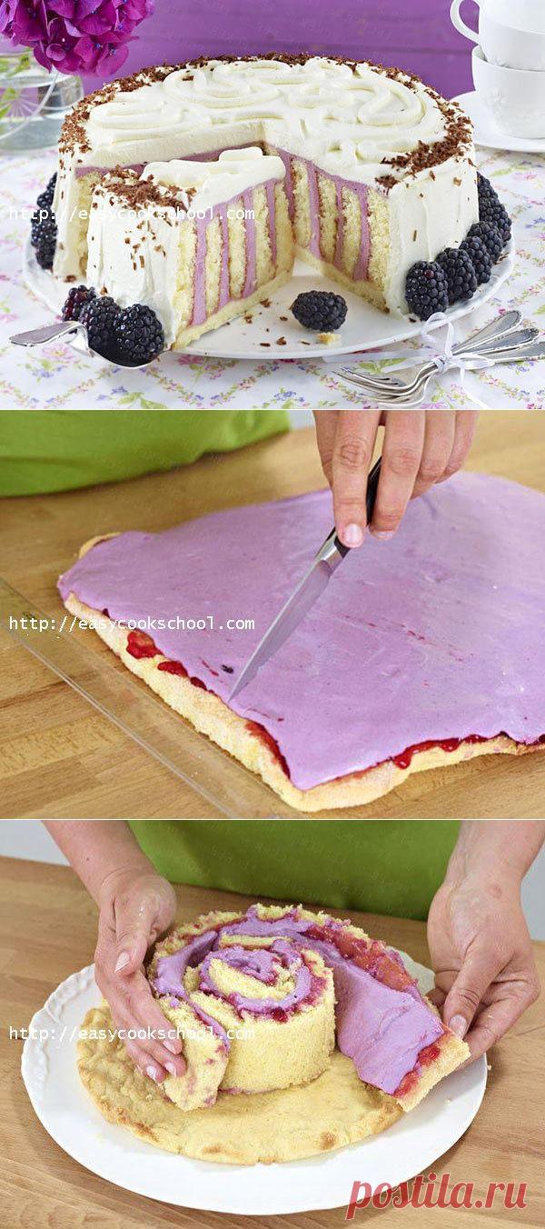 Торт полосатый с ежевикой и взбитыми сливками | Легкие рецепты