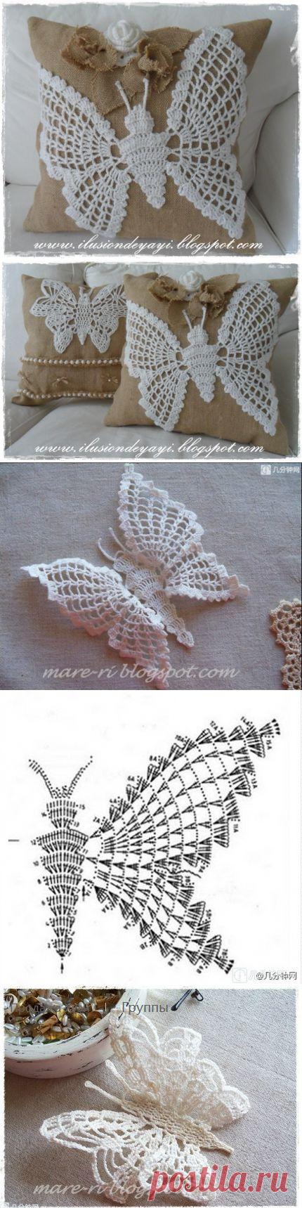 Бабочка крючком для украшения подушки из мешковины. Схемы бабочек