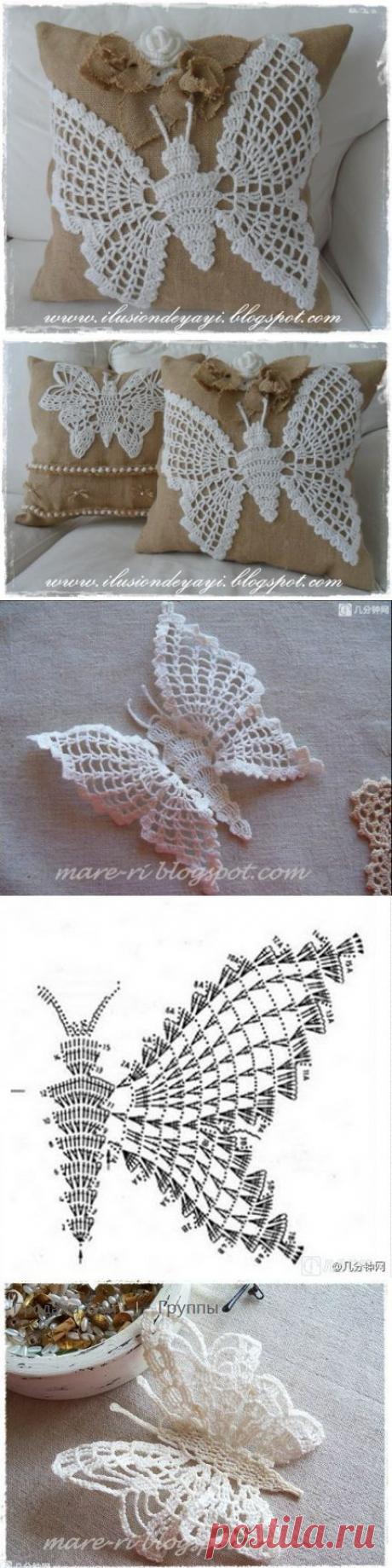 Бабочка крючком для украшения подушки из мешковины. Схемы бабочек