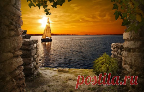 Обои развалины, окно, небо, озеро, закат картинки на рабочий стол, раздел пейзажи - скачать