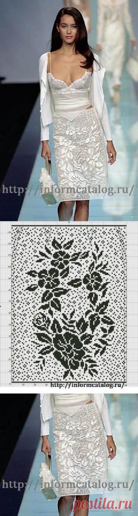 Белая юбка с цветочным узором, филейное вязание | Ниточка