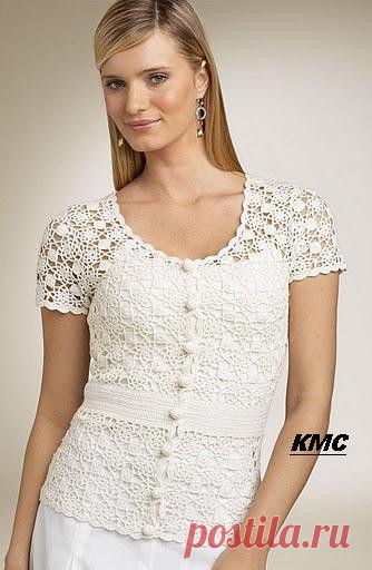 Белая кофточка с короткими рукавами крючком. Кофточка безотрывное вязание крючком |