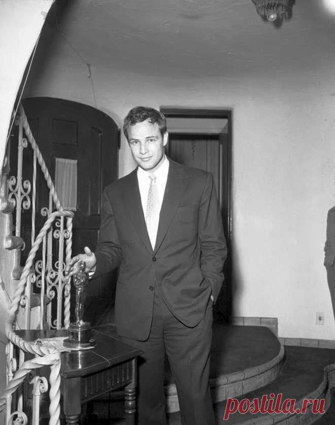 Марлон Брандо со своей наградой за фильм «В порту» в 1955 году.