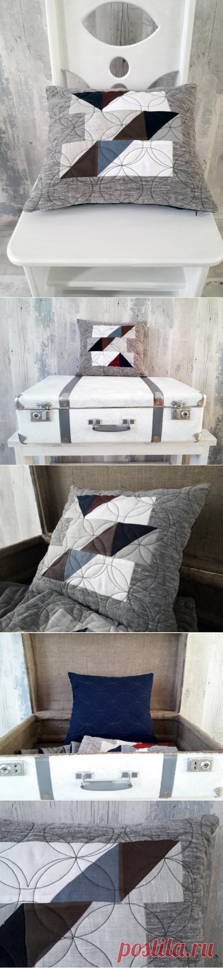 Decorative Patchwork Pillowcase Gray Linen Quilted Pillow | Etsy