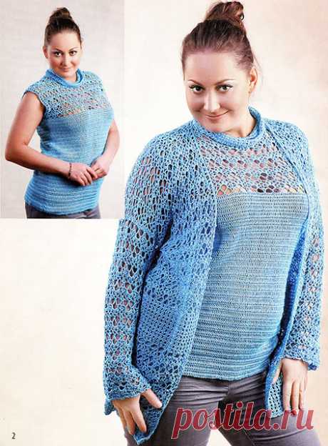 Бирюзовый комплект двойка жакет и топ для полных дам крючком – схемы и описание вязания