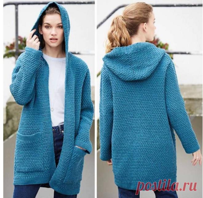 Кардиган с капюшоном крючком узором 